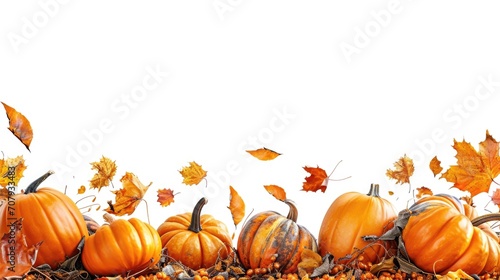 A group of pumpkins sitting on top of a pile of leaves. Can be used for autumn or Halloween-themed designs