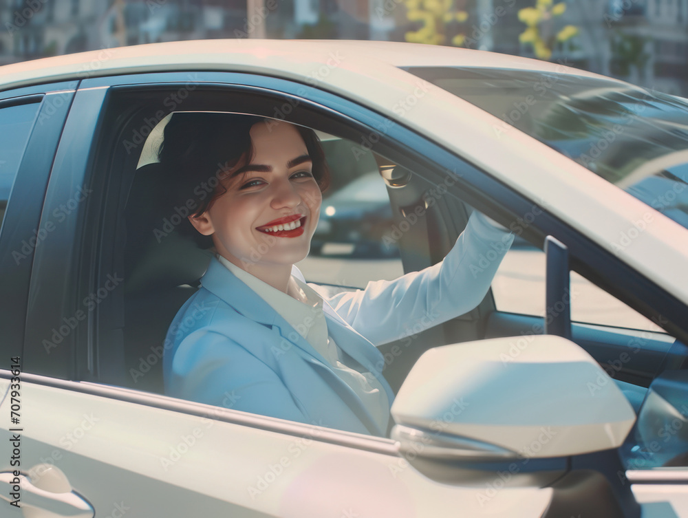 Naklejka premium a happy stylish short-haired woman in light blue suit is driving white car. Portrait of happy female driver steering car with safety belt.