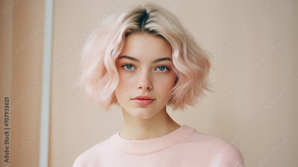 Portrait of a beautiful young woman with pink hair in a pink sweater Portrait of a beautiful young woman with pink hair in a pink sweater