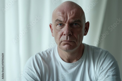 A bald man in a white t-shirt staring directly at the camera. Suitable for various applications photo