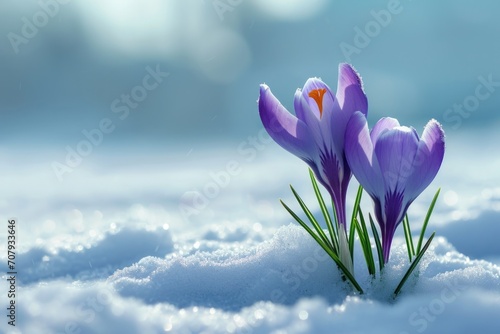 A beautiful couple of purple flowers sitting in the snow. Perfect for winter-themed designs © Fotograf