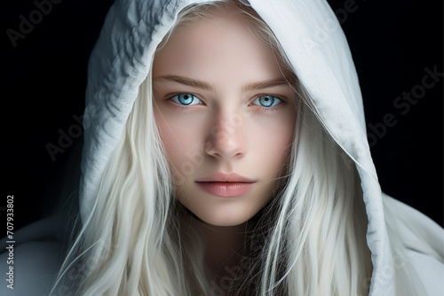 Close-up portrait of a very beautiful young woman with light blue eyes and long white blonde hair, wearing a white coat with hood - isolated, black background