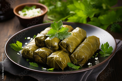 Stuffed grape leaves (dolma) stuffed with a mixture of rice, pine nuts, herbs photo
