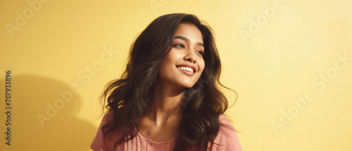 Portrait of beautiful young african american woman smiling against yellow background