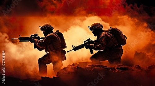 modern soldier with rifle taking combat on fire background, military special forces at war during battle, army infantry commando in silhouette