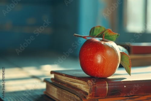 A red apple sits on top of a stack of books. Perfect for educational concepts or healthy eating themes