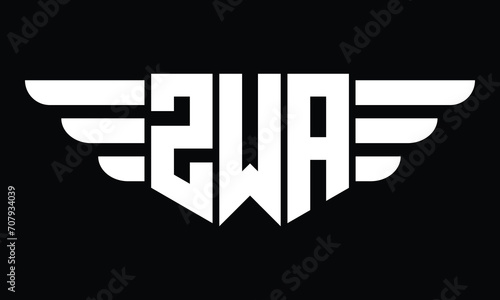 ZWA three letter logo, creative wings shape logo design vector template. letter mark, word mark, monogram symbol on black & white.	 photo