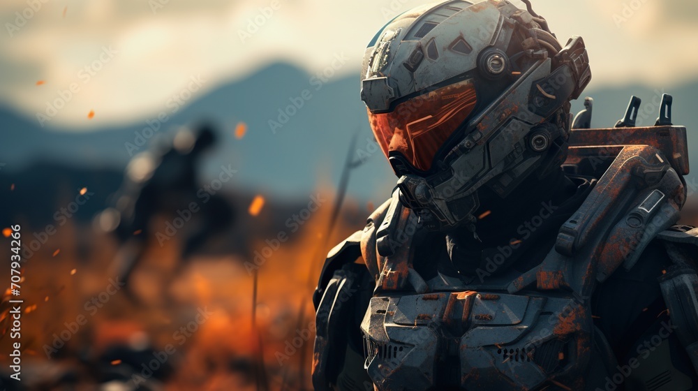 futuristic soldier in protective suit and with modern rifle at battlefield, sci fi military army man futuristic soldier in protective suit and with modern rifle at battlefield, sci fi military army man