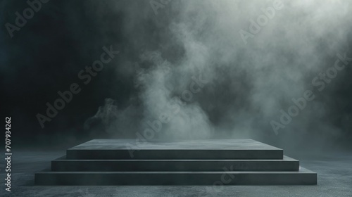 An empty stage with smoke rising from it. Can be used to create a mysterious or dramatic atmosphere
