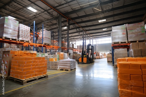 Spacious Warehouse Interior with Well-Organized Stock for Streamlined Logistic Delivery Operations