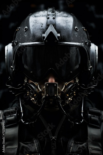 closeup portrait of dark futuristic air fighter pilot in helmet with glasses, fiction and sci-fi aircraft warrior
