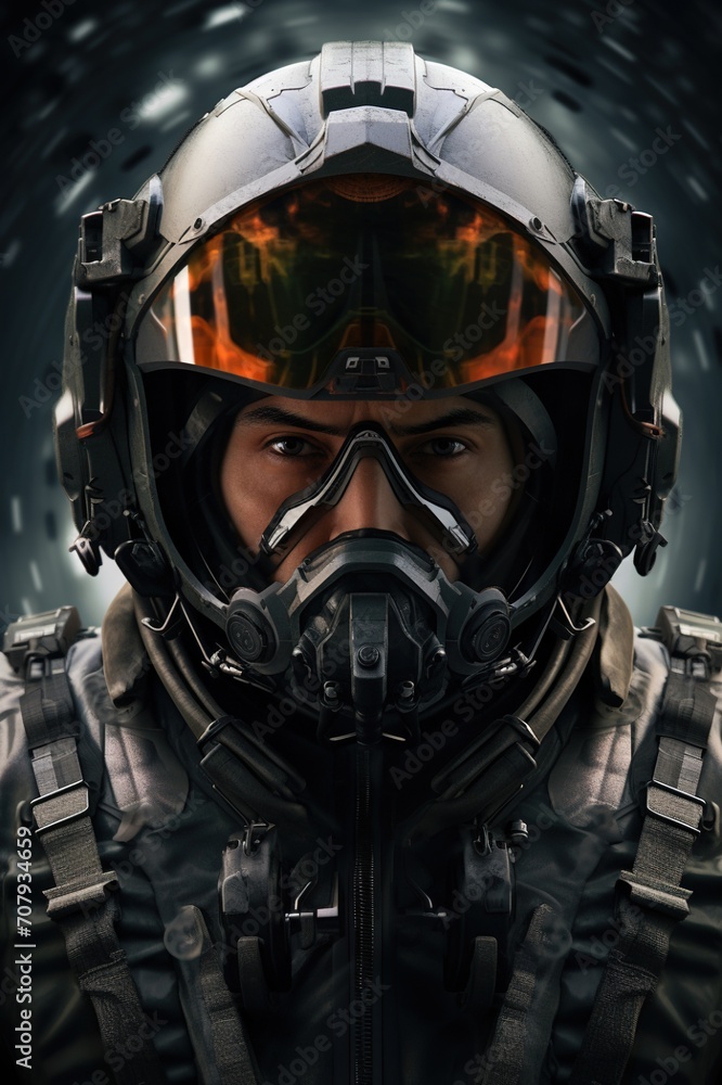 closeup portrait of dark futuristic air fighter pilot in helmet with glasses, fiction and sci-fi aircraft warrior closeup portrait of dark futuristic air fighter pilot in helmet with glasses, fiction and sci-fi aircraft warrior