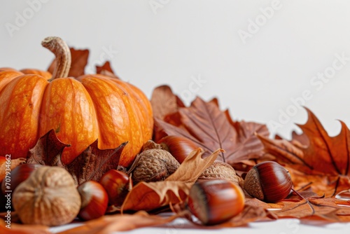 A collection of acorns, nuts, and leaves gathered in a pile. Perfect for autumn-themed designs or nature-inspired projects