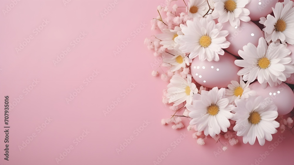 Easter holiday composition. Top view photo of pastel Easter eggs and white flowers on pink table.
