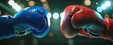 Red and blue gloves are facing each other in the boxing ring