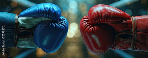 Red and blue gloves are facing each other in the boxing ring © BraveSpirit