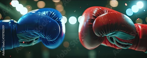Red and blue gloves are facing each other in the boxing ring photo