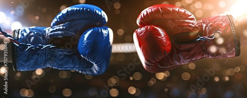 Red and blue gloves are facing each other in the boxing ring photo