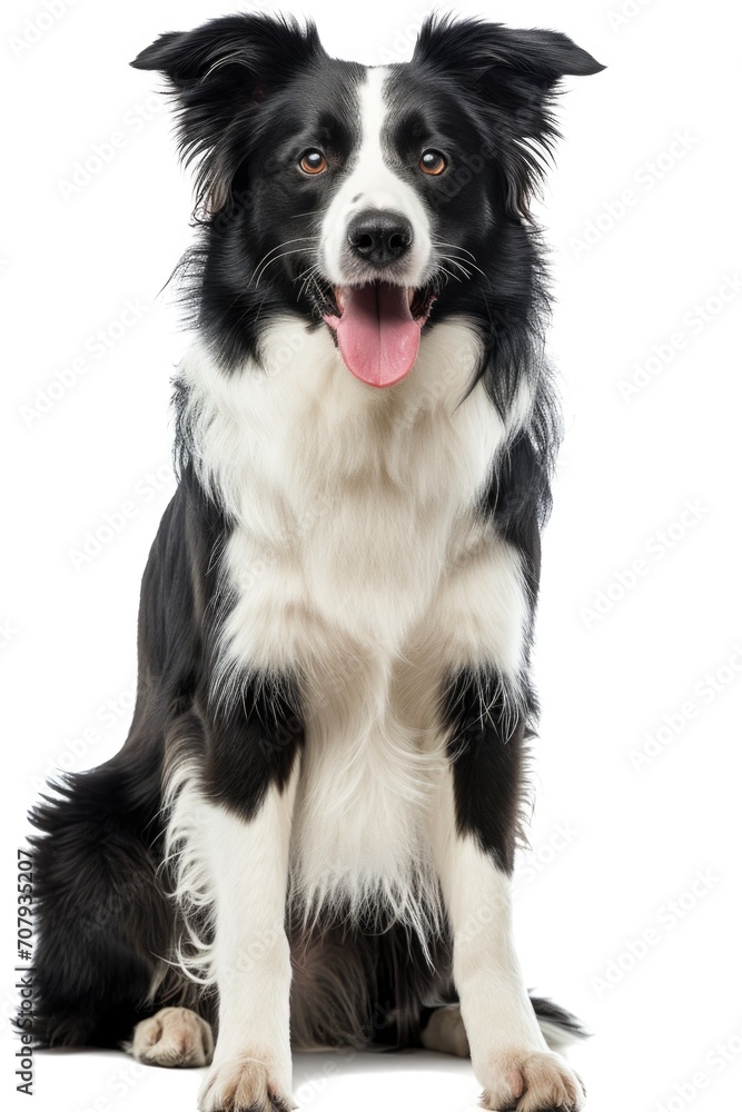 A black and white dog sitting on a white surface. Suitable for pet-related content and animal photography