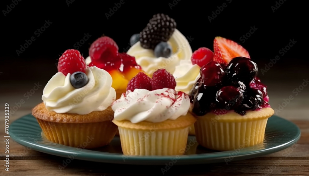 Freshly baked gourmet cupcakes with blueberry, raspberry, and strawberry decorations generated by AI Freshly baked gourmet cupcakes with blueberry, raspberry, and strawberry decorations generated by AI