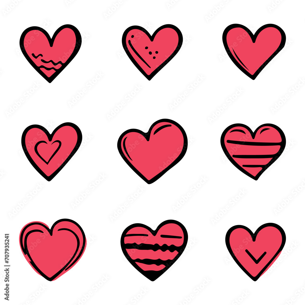 Red doodle hearts, hand drawn love heart collection isolated on white background. Vector illustration for any design.