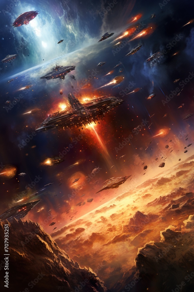 star fighters battle at open space, spacecraft combat at cosmos, futuristic science fiction