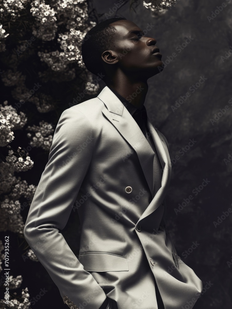 Black model man in suit on the street, urban luxury through a versatile, minimalist design featuring a muted color palette. Black model man in suit on the street, urban luxury through a versatile, minimalist design featuring a muted color palette.
