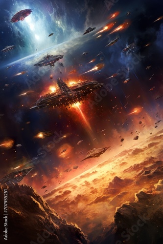 star fighters battle at open space  spacecraft combat at cosmos  futuristic science fiction