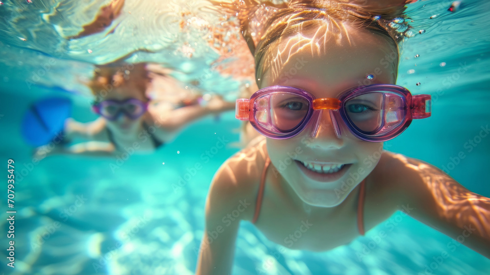 Naklejka premium Close up, a girl dives, swims, and creates unforgettable moments of joy.