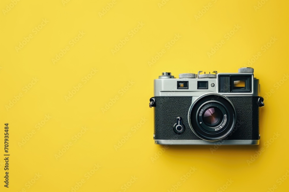 A black and silver camera is placed on a vibrant yellow background. This image can be used to depict photography, technology, or creativity