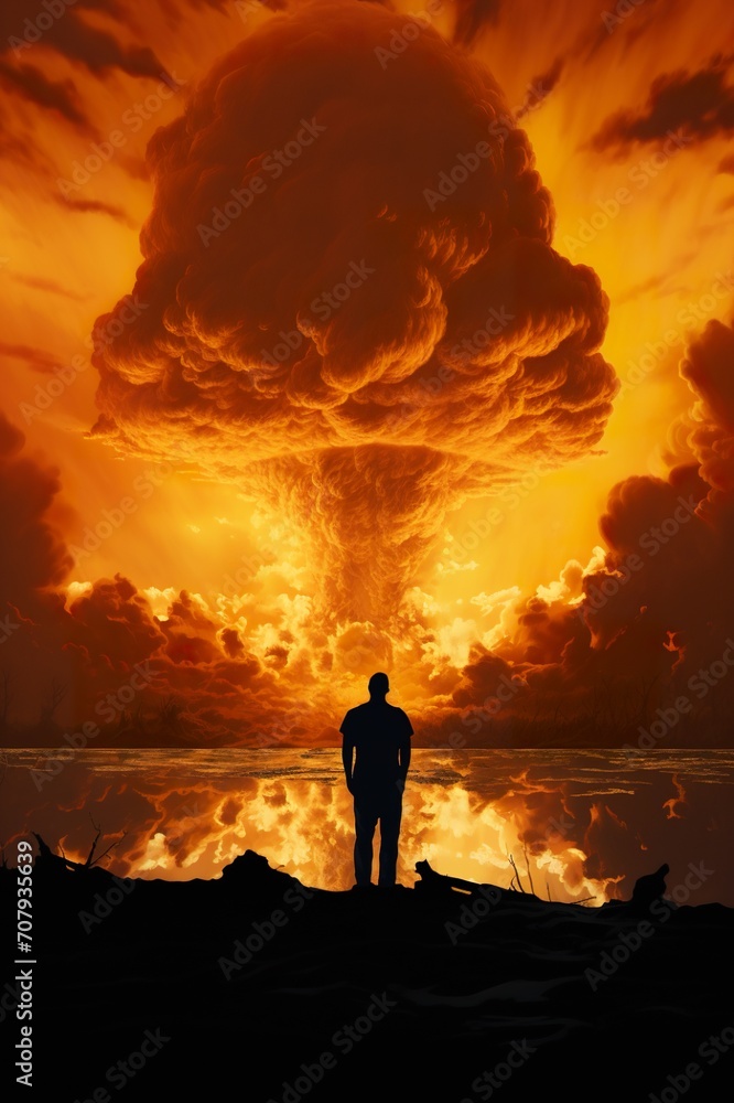 Fototapeta premium people looking at mushroom of nuclear explosion, atomic war and apocalypse concept, world in flame