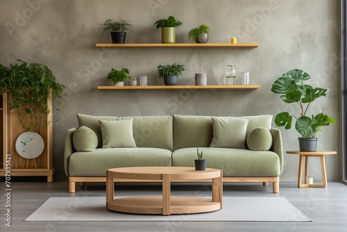 Scandinavian Greenery. Modern Living Room with Green Sofa, Chair, and Bookshelf Against Green Wall