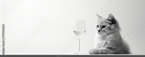 White cat and a glass of water banner isolated on white background with copy space for text. Minimalist, elegant style