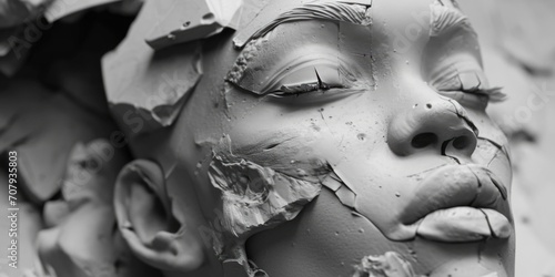 Detailed close up of a sculpture depicting a woman's face. Can be used for art appreciation, museum exhibits, or as a decorative piece