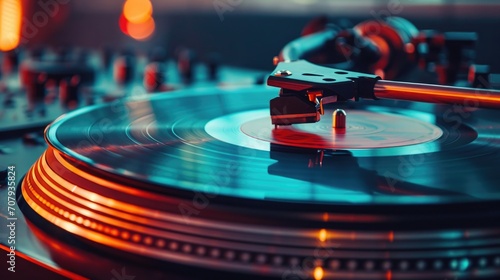 A close-up view of a record playing on a turntable. Can be used to depict music, vinyl records, nostalgia, or DJing