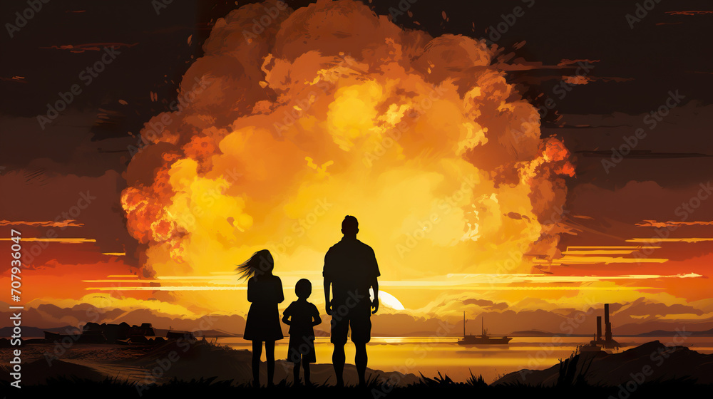 Fototapeta premium people looking at mushroom of nuclear explosion, atomic war and apocalypse concept, world in flame