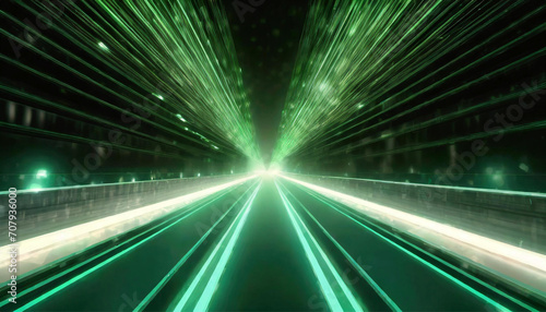 3d render. Abstract neon background. Speed of light. Green light highway