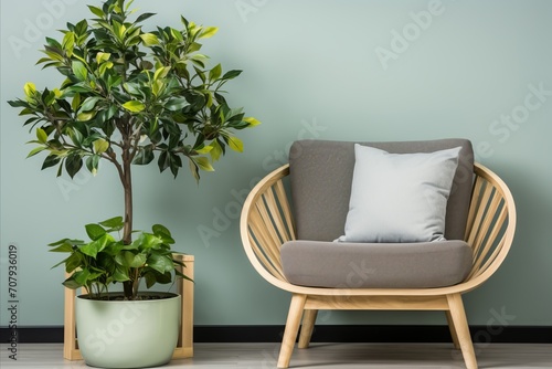 Scandinavian Living Room Interior. Green Sofa, Chair and Bookshelf against Green Wall with Greenery