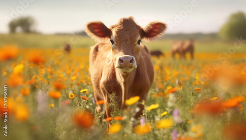 Cute cow grazing on green meadow  enjoying the summer sun generated by AI