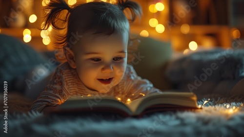 Adorable little girl grinning and reading a book in her bedroom at night, Generative AI. © Our Scrapbook