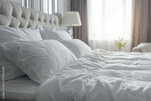 A simple and elegant white bed with clean sheets and fluffy pillows. Perfect for showcasing a cozy and comfortable bedroom setting