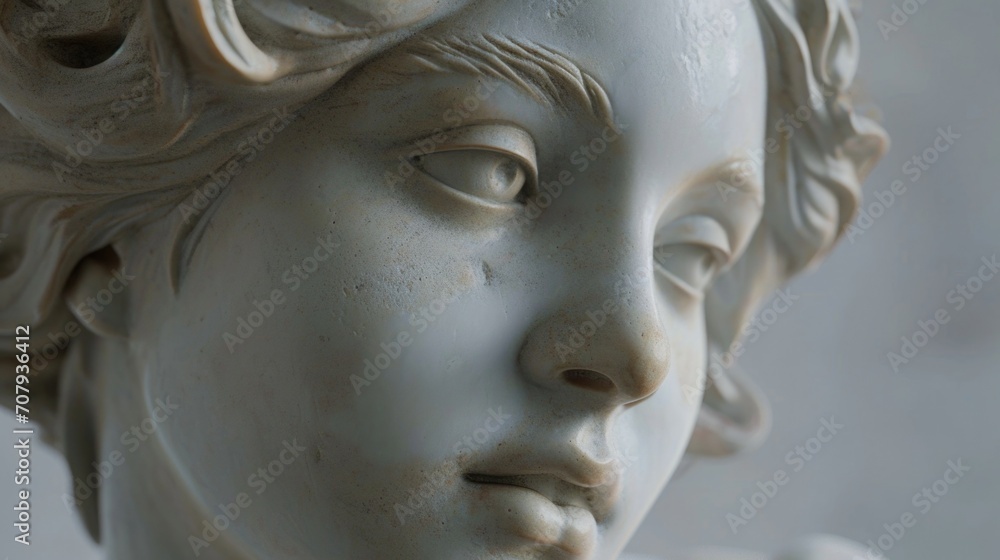 A detailed close-up of the face of a statue of a woman. Perfect for adding a touch of elegance to any artistic or historical project