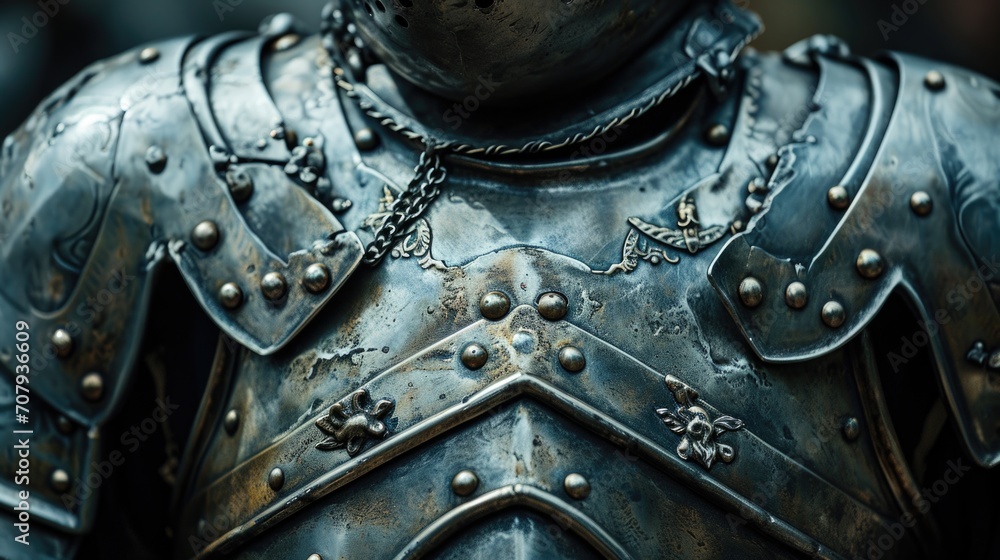 A detailed close-up view of a metal armor with a chain attached. Perfect for historical or fantasy-themed projects