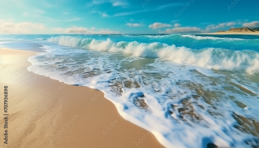 Nature beauty wave splashing on sandy coastline, blue waters, tranquil sunset generated by AI