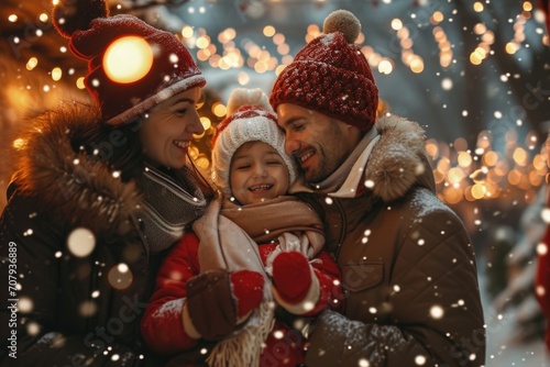 A picture of a man, woman, and child enjoying themselves in the snowy outdoors. This image can be used to depict family bonding and winter activities