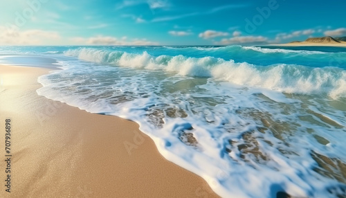 Nature beauty wave splashing on sandy coastline, blue waters, tranquil sunset generated by AI
