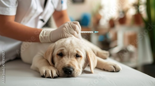 Photo of a fawn Labrador Retriever puppy on vaccination at a veterinary clinic photo