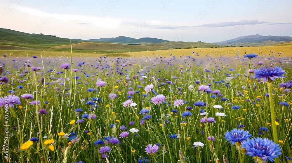 A field of wildflowers swaying in the breeze, a symphony of soft purple, dandelion yellow, and cornflower blue set against a backdrop of rolling hills
