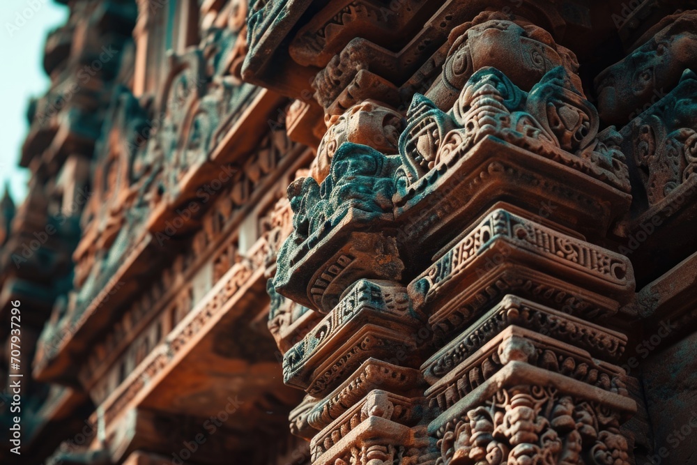 Detailed close up of carvings on a building. Suitable for architectural and historical themes