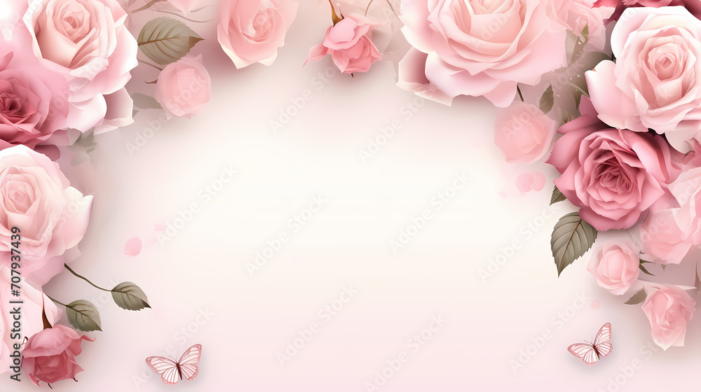 Pink rose composition background, decorative flower background pattern, floral border background Pink rose composition background, decorative flower background pattern, floral border background